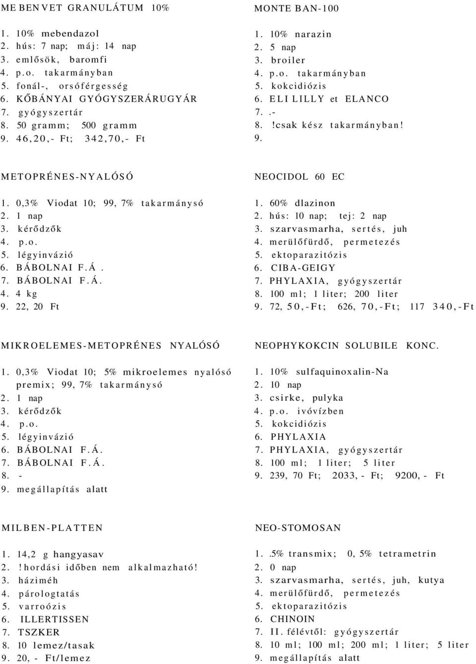 22, 20 Ft NEOCIDOL 60 EC 1. 60% dlazinon 2. hús: 10 nap; tej: 2 nap 3. szarvasmarha, sertés, juh 4. merülőfürdő, permetezés 8. 100 ml; 1 liter; 200 liter 9.