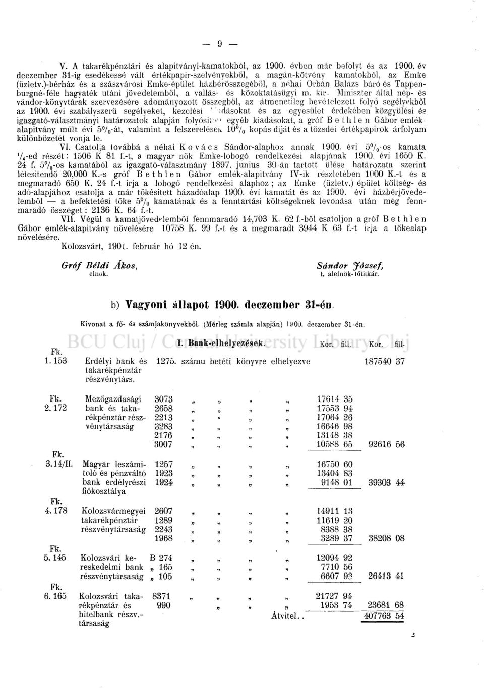 Miniszter által nép- és vándor-könyvtárak szervezésére adományozott összegből, az átmenetileg bevételezett folyó segélyekből az 1900.