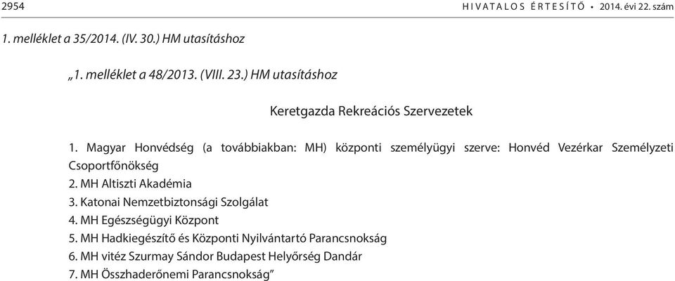 Magyar Honvédség (a továbbiakban: MH) központi személyügyi szerve: Honvéd Vezérkar Személyzeti Csoportfőnökség 2.