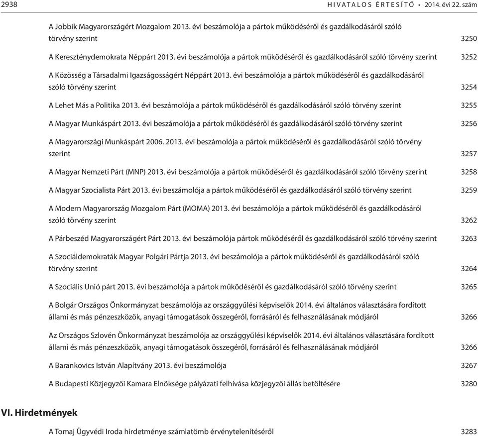 évi beszámolója a pártok működéséről és gazdálkodásáról szóló törvény szerint 3252 A Közösség a Társadalmi Igazságosságért Néppárt 2013.