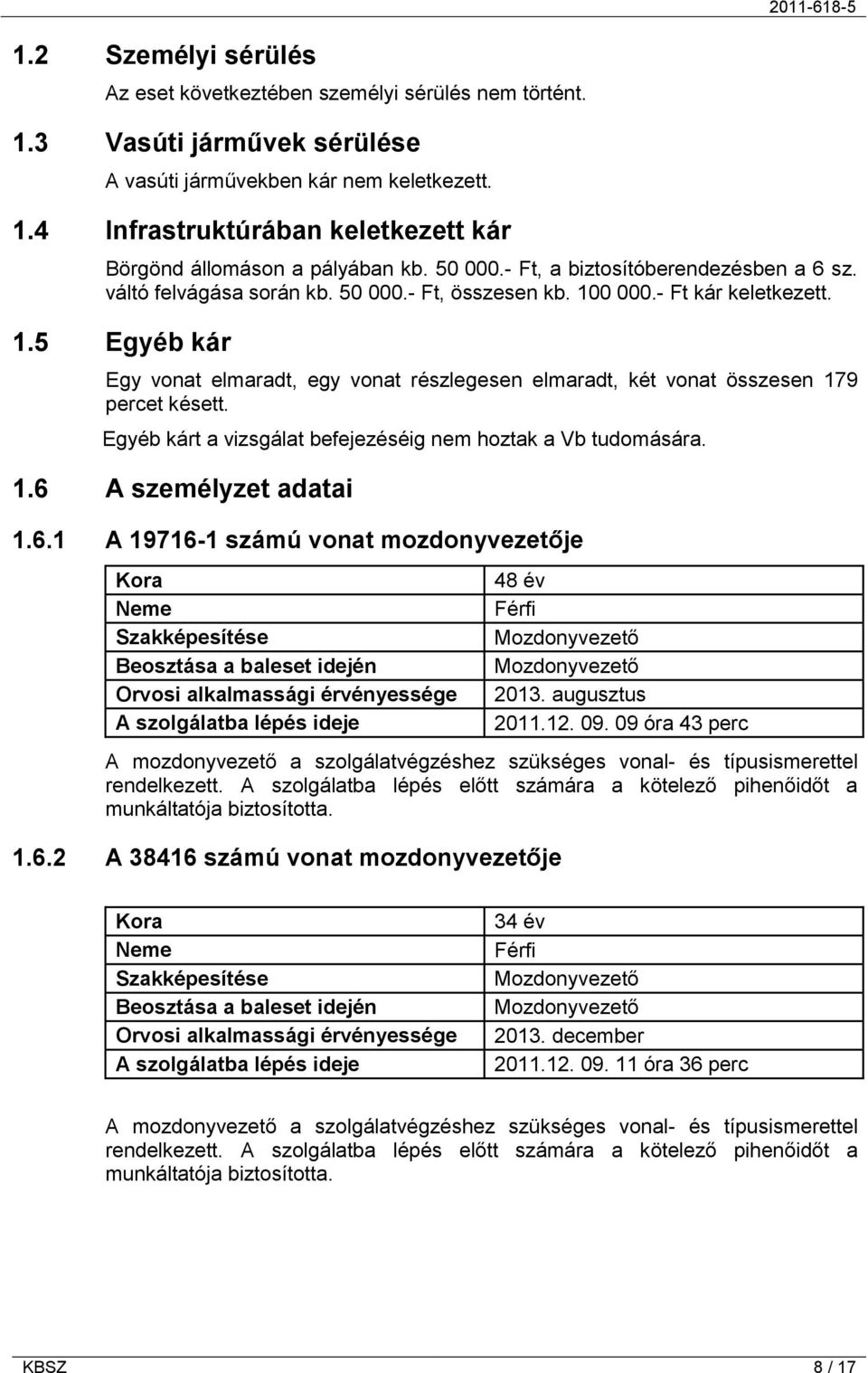 0 000.- Ft kár keletkezett. 1.5 Egyéb kár Egy vonat elmaradt, egy vonat részlegesen elmaradt, két vonat összesen 179 percet késett. Egyéb kárt a vizsgálat befejezéséig nem hoztak a Vb tudomására. 1.6 A személyzet adatai 1.