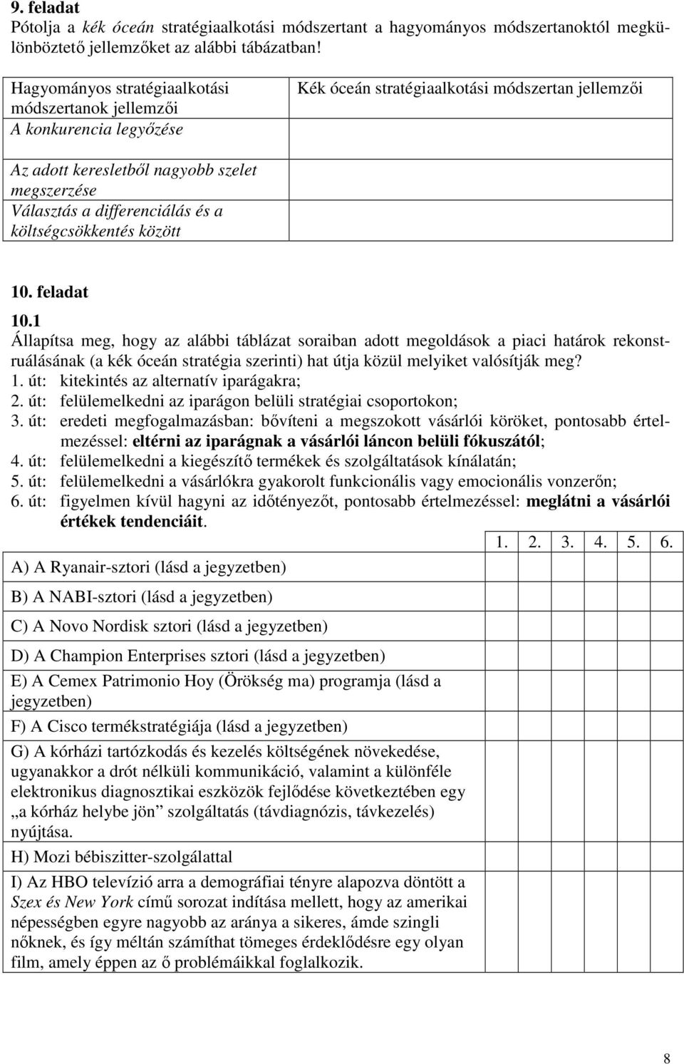 stratégiaalkotási módszertan jellemzıi A versenykényszer minimalizálása Új kereslet teremtése Egyidejő differenciálódás és költségcsökkentés 10. feladat 10.