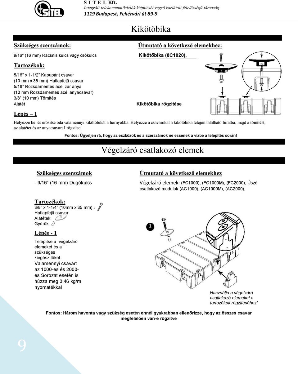 anya (0 mm Rozsdamentes acél anyacsavar) 3/8 (0 mm) Tömítés Alátét Lépés Kikötőbika rögzítése Helyezze be és erősítse oda valamennyi kikötőbikát a hornyokba.