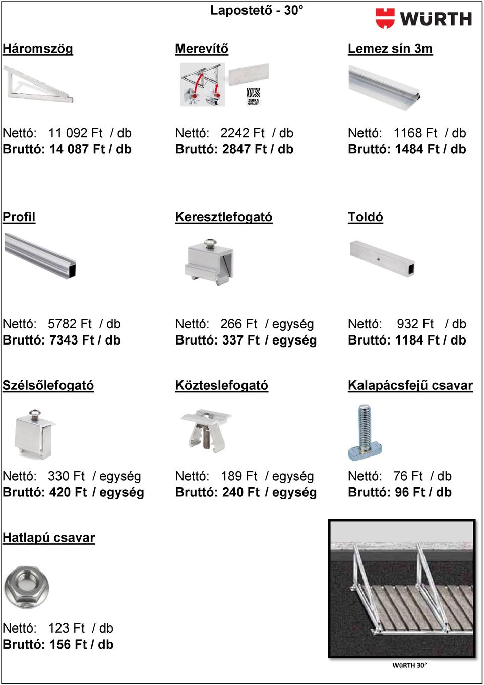 db Bruttó: 337 Ft / egység Bruttó: 1184 Ft / db Szélsőlefogató Közteslefogató Kalapácsfejű csavar Nettó: 330 Ft / egység Nettó: 189 Ft / egység