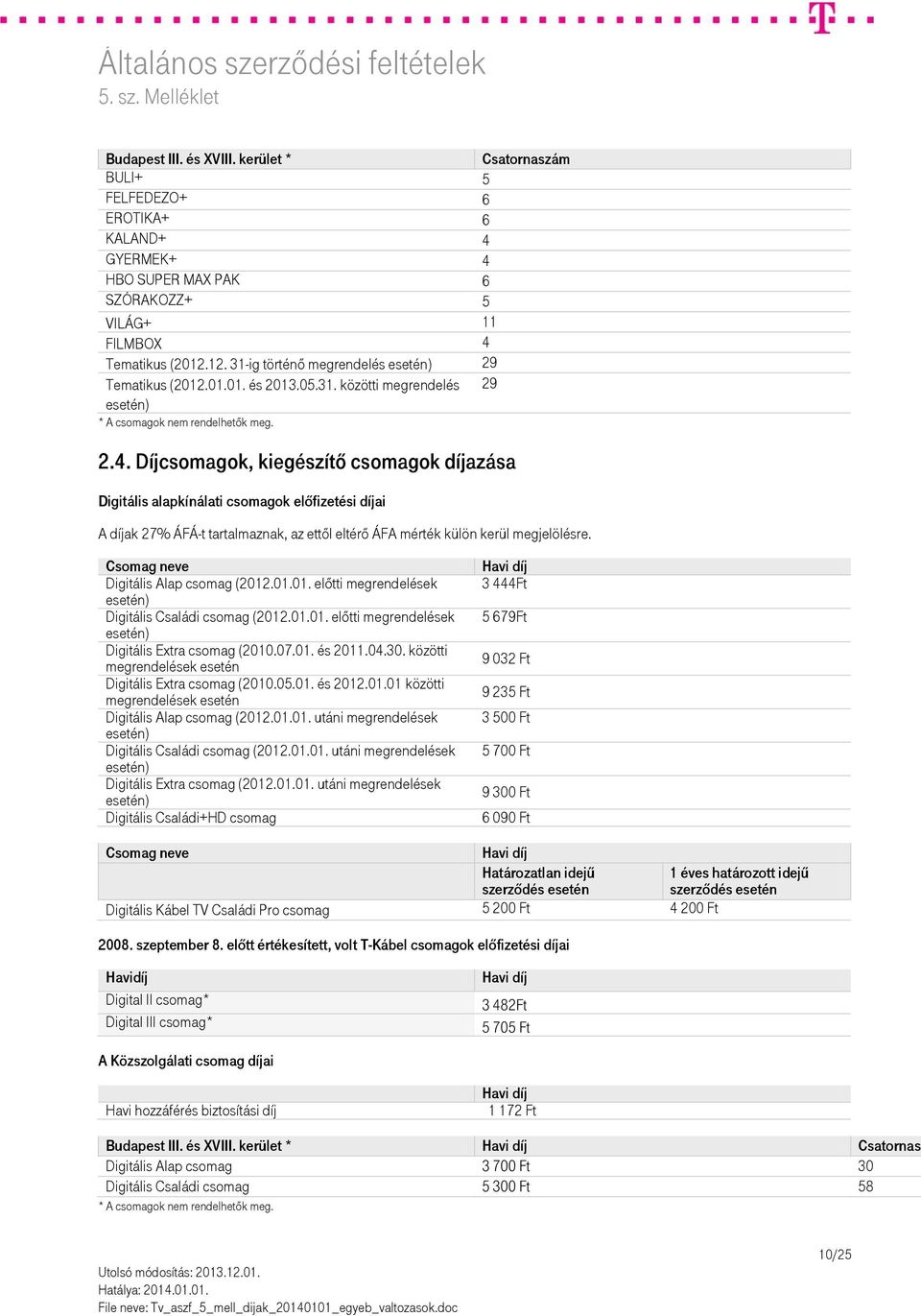 csomagok, kiegészítő csomagok díjazása Digitális alapkínálati csomagok előfizetési díjai A díjak 27% ÁFÁ-t tartalmaznak, az ettől eltérő ÁFA mérték külön kerül megjelölésre. Digitális (2012