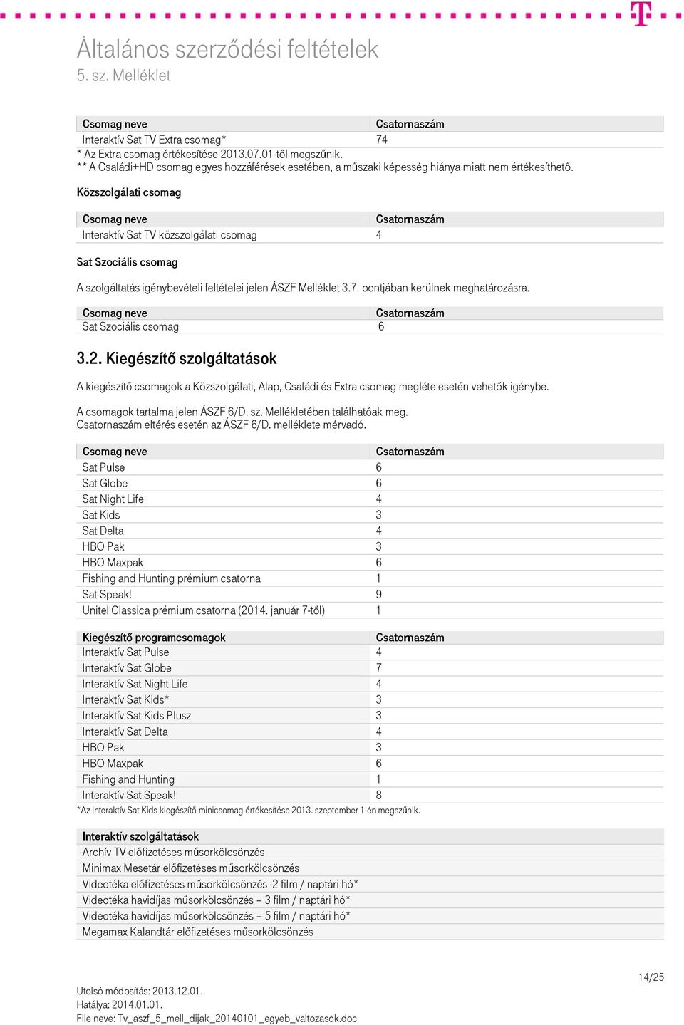 Sat Szociális csomag 6 3.2. Kiegészítő szolgáltatások A kiegészítő csomagok a Közszolgálati, Alap, Családi és Extra csomag megléte esetén vehetők igénybe. A csomagok tartalma jelen ÁSZF 6/D. sz. Mellékletében találhatóak meg.