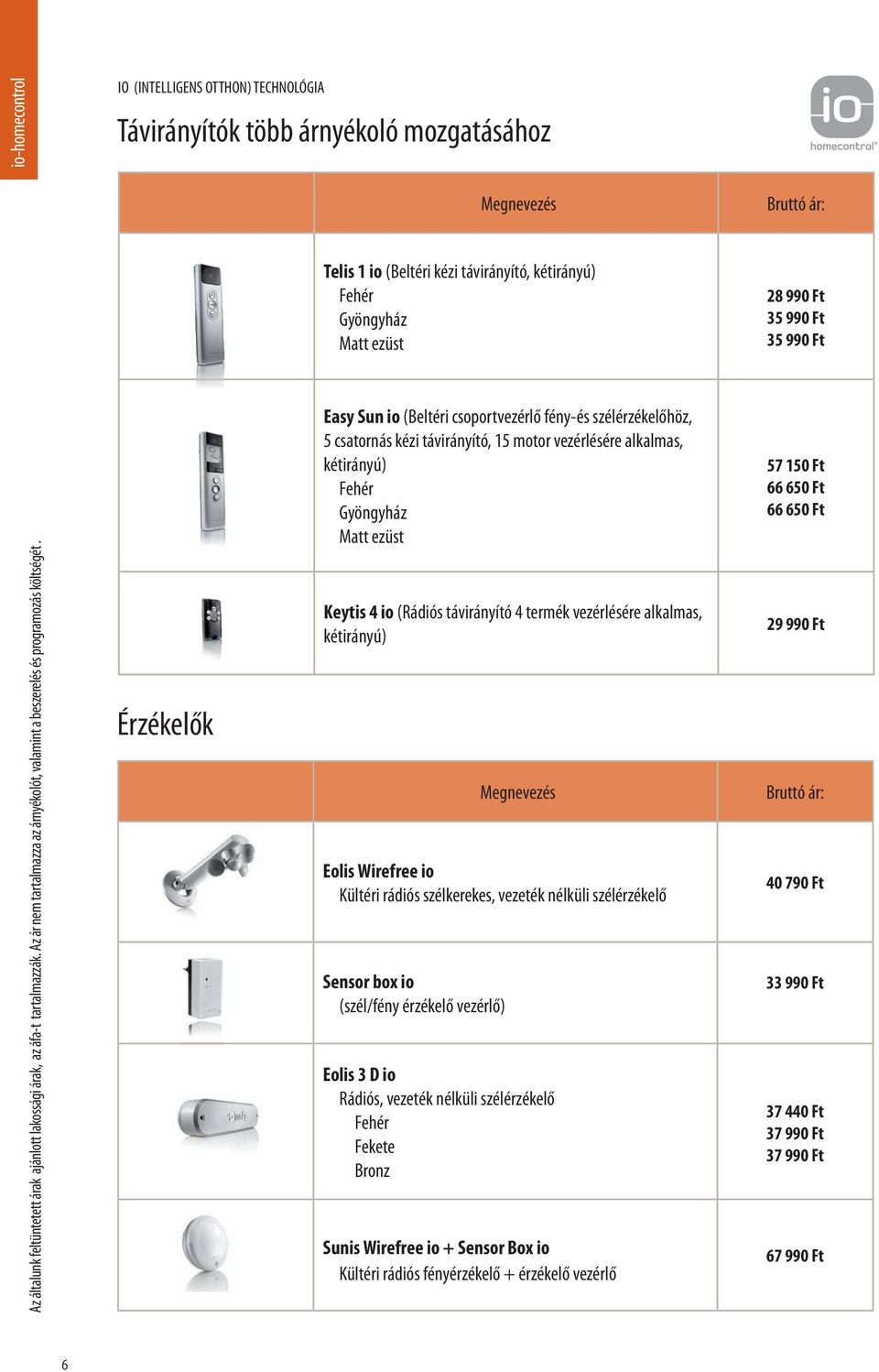 távirányító 4 termék vezérlésére alkalmas, kétirányú) Eolis Wirefree io Kültéri rádiós szélkerekes, vezeték nélküli szélérzékelő Sensor box io (szél/fény érzékelő vezérlő) Eolis 3 D io Rádiós,