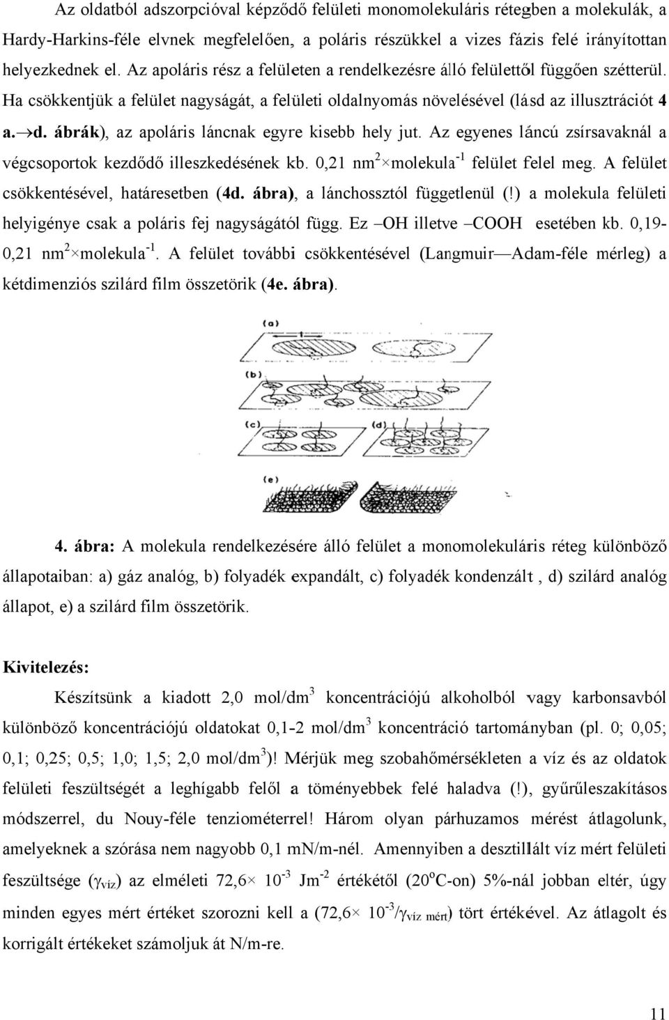 Az egyenes láncú zsírsavaknál a végcsoportok kezdődő illeszkedésének kb. 0,21 nm 2 molekulaa -1 felület felel meg. A felület csökkentésével, határesetben (4d. ábra) ), a lánchossztól függetlenül (!