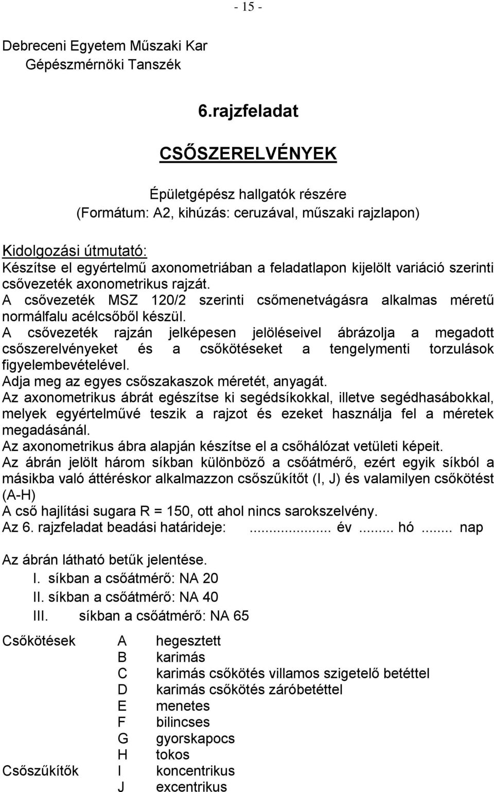 variáció szerinti csővezeték axonometrikus rajzát. A csővezeték MSZ 120/2 szerinti csőmenetvágásra alkalmas méretű normálfalu acélcsőből készül.