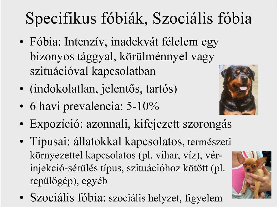 kifejezett szorongás Típusai: állatokkal kapcsolatos, természeti környezettel kapcsolatos (pl.