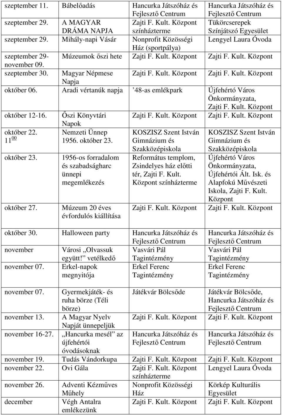 Aradi vértanúk napja 48-as emlékpark október 12-16. Őszi Könyvtári Napok október 22. Nemzeti Ünnep 11 00 1956. október 23. október 23. október 27.