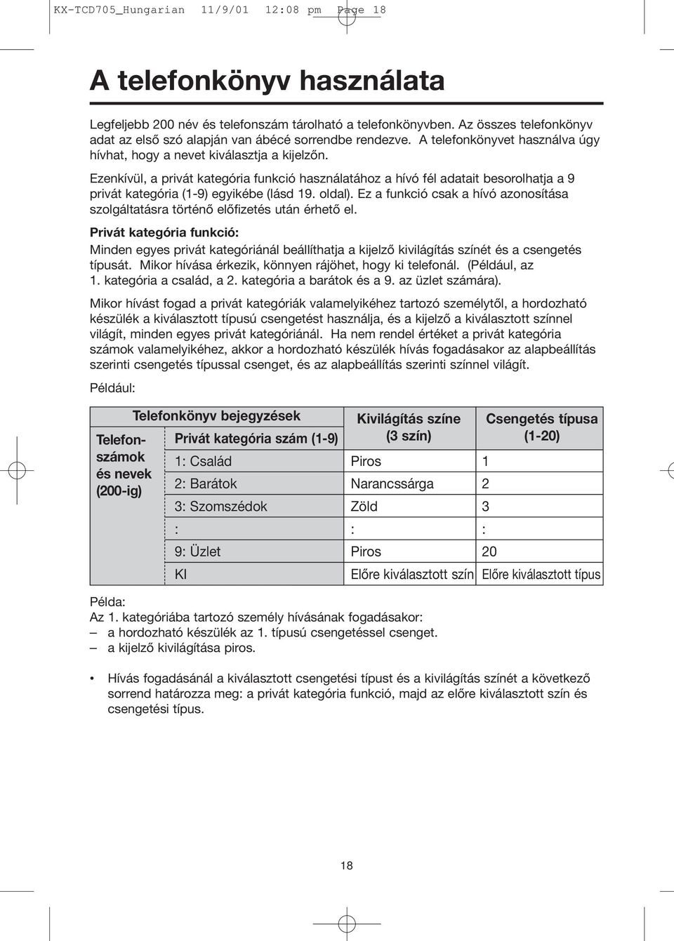 Ezenkívül, a privát kategória funkció használatához a hívó fél adatait besorolhatja a 9 privát kategória (1-9) egyikébe (lásd 19. oldal).