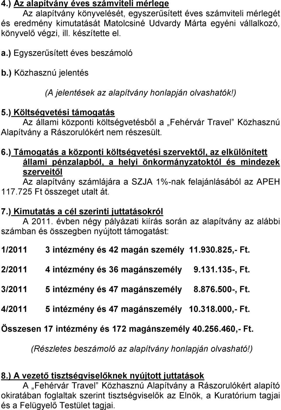 ) Költségvetési támogatás Az állami központi költségvetésből a Fehérvár Travel Közhasznú Alapítvány a Rászorulókért nem részesült. 6.