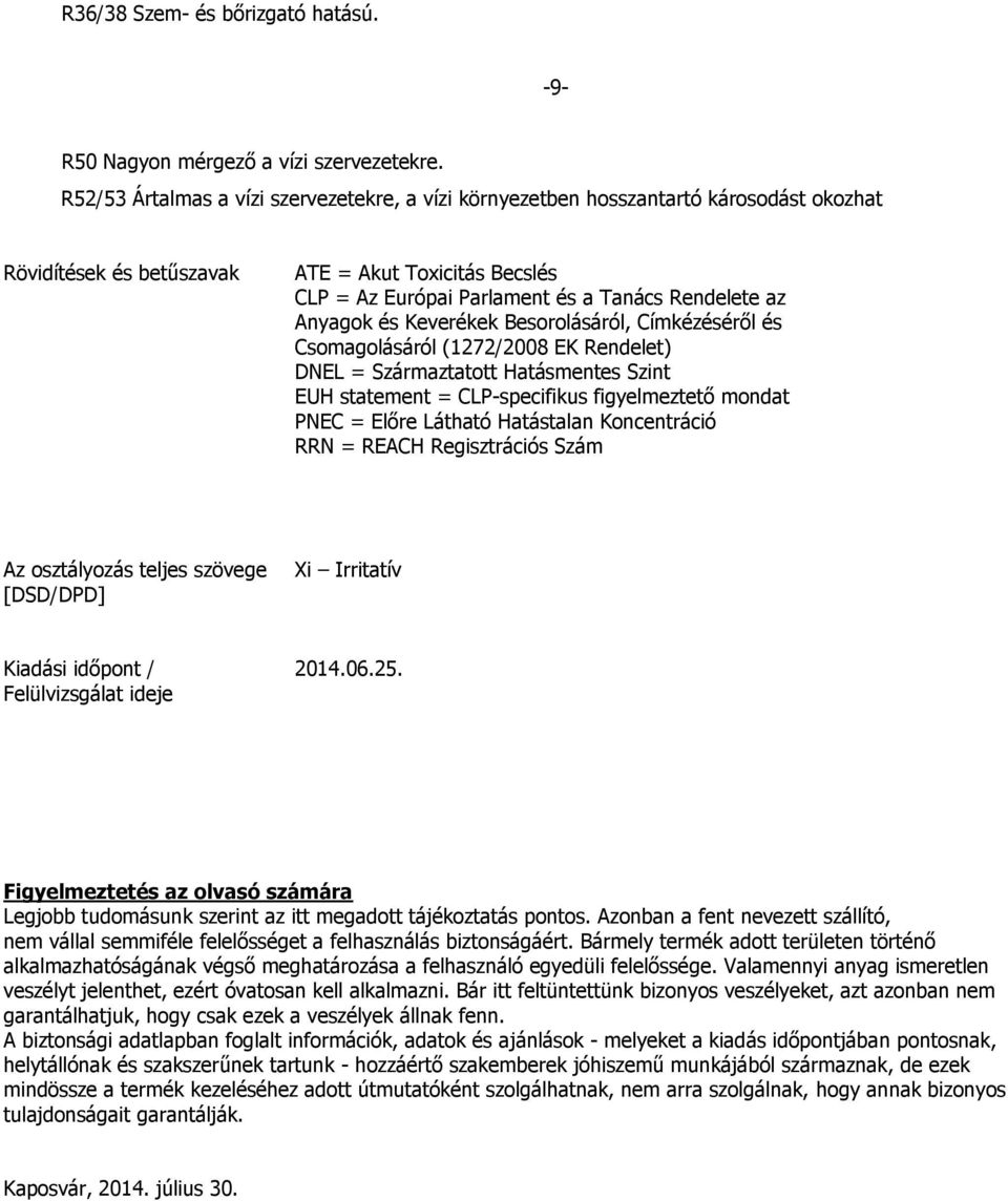 Anyagok és Keverékek Besorolásáról, Címkézéséről és Csomagolásáról (1272/2008 EK Rendelet) DNEL = Származtatott Hatásmentes Szint EUH statement = CLP-specifikus figyelmeztető mondat PNEC = Előre
