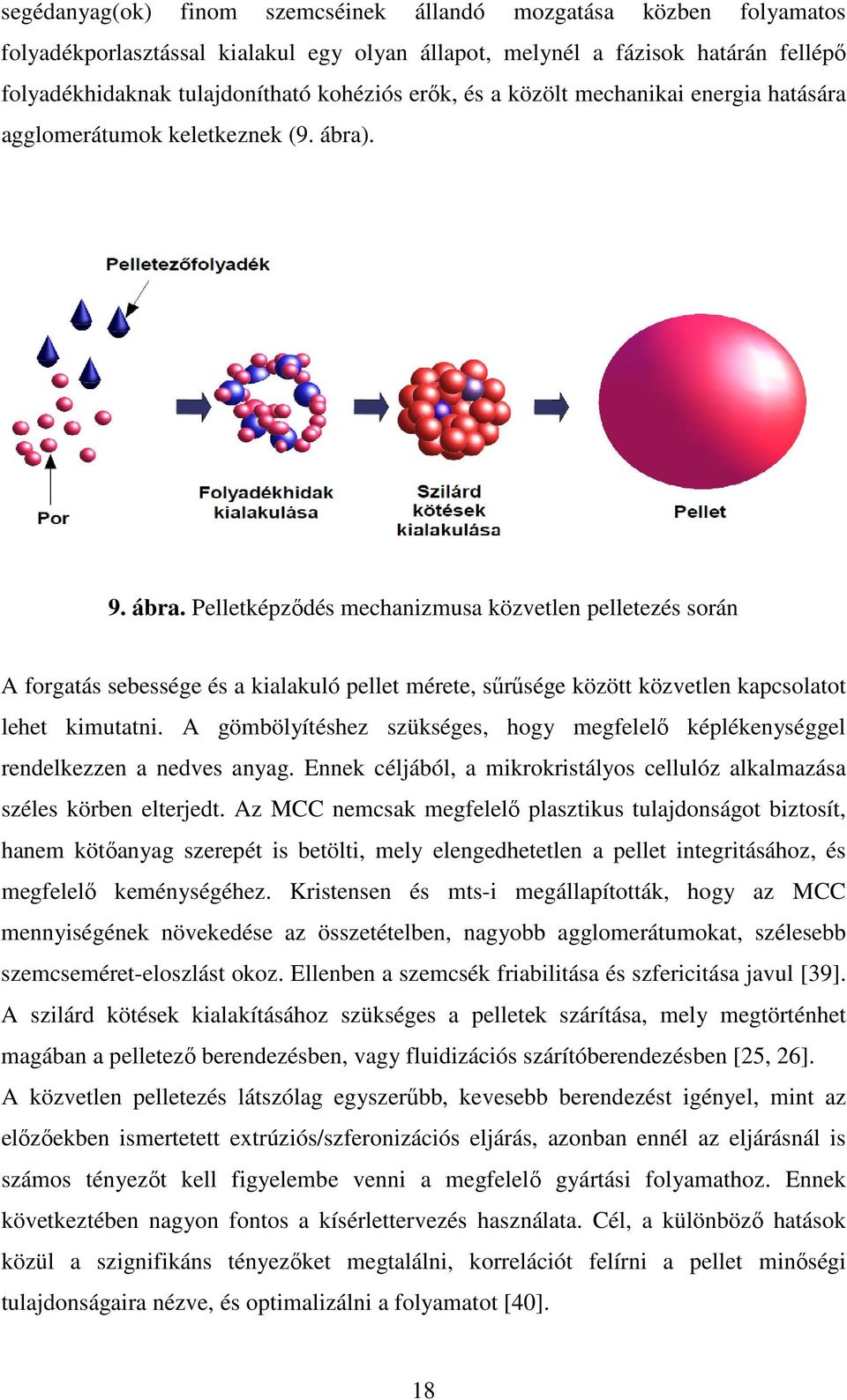 . 9. ábra. Pelletképződés mechanizmusa közvetlen pelletezés során A forgatás sebessége és a kialakuló pellet mérete, sűrűsége között közvetlen kapcsolatot lehet kimutatni.