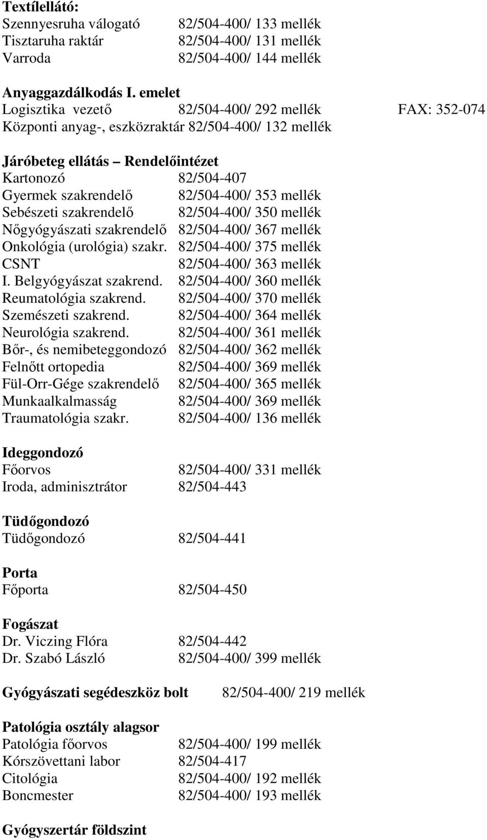 353 mellék Sebészeti szakrendelő 82/504-400/ 350 mellék Nőgyógyászati szakrendelő 82/504-400/ 367 mellék Onkológia (urológia) szakr. 82/504-400/ 375 mellék CSNT 82/504-400/ 363 mellék I.