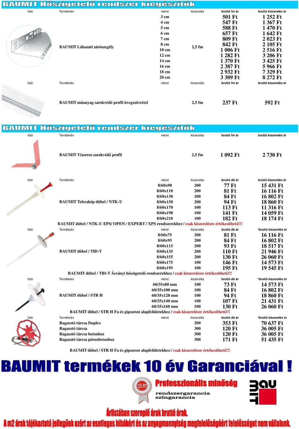 Ft 592 Ft kiszerelés bruttó fm ár bruttó kiszerelés ár BAUMIT Vízorros sarokvédı profil 2,5 fm 1 092 Ft 2 730 Ft kiszerelés bruttó db ár bruttó kiszerelés ár 8/60x90 200 77 Ft 15 431 Ft 8/60x110 200