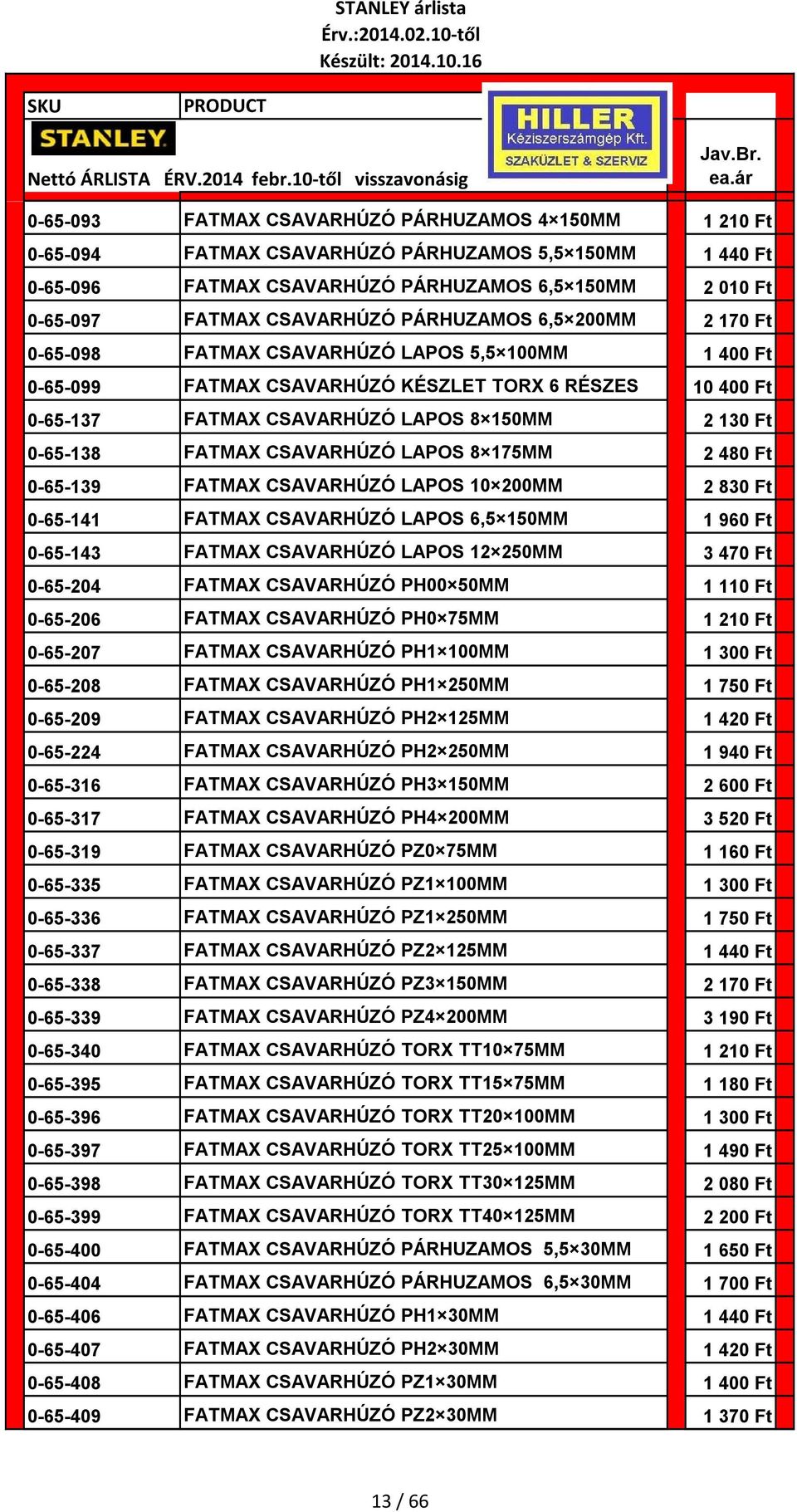 FATMAX CSAVARHÚZÓ LAPOS 8 175MM 2 480 Ft 0-65-139 FATMAX CSAVARHÚZÓ LAPOS 10 200MM 2 830 Ft 0-65-141 FATMAX CSAVARHÚZÓ LAPOS 6,5 150MM 1 960 Ft 0-65-143 FATMAX CSAVARHÚZÓ LAPOS 12 250MM 3 470 Ft