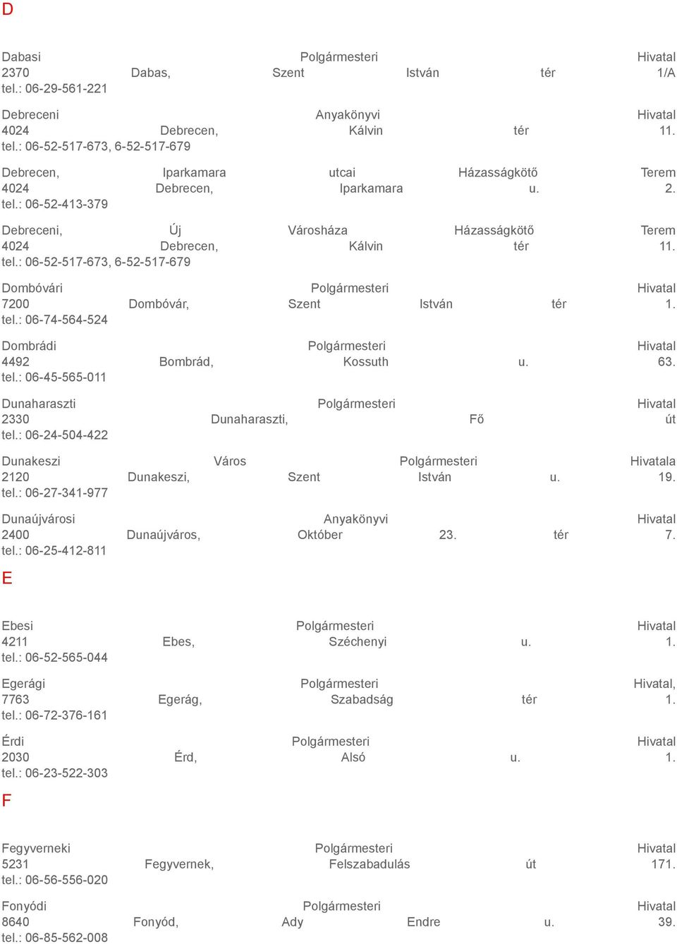 tel.: 06-74-564-524 Dombrádi Polgármesteri Hivatal 4492 Bombrád, Kossuth u. 63. tel.: 06-45-565-011 Dunaharaszti Polgármesteri Hivatal 2330 Dunaharaszti, Fő út tel.