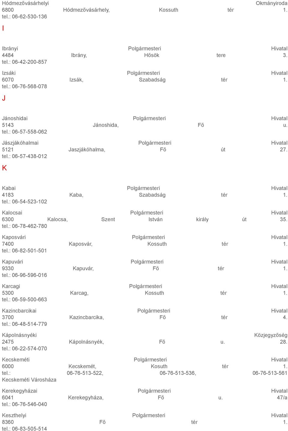 tel.: 06-54-523-102 Kalocsai Polgármesteri Hivatal 6300 Kalocsa, Szent István király út 35. tel.: 06-78-462-780 Kaposvári Polgármesteri Hivatal 7400 Kaposvár, Kossuth tér 1. tel.: 06-82-501-501 Kapuvári Polgármesteri Hivatal 9330 Kapuvár, Fő tér 1.