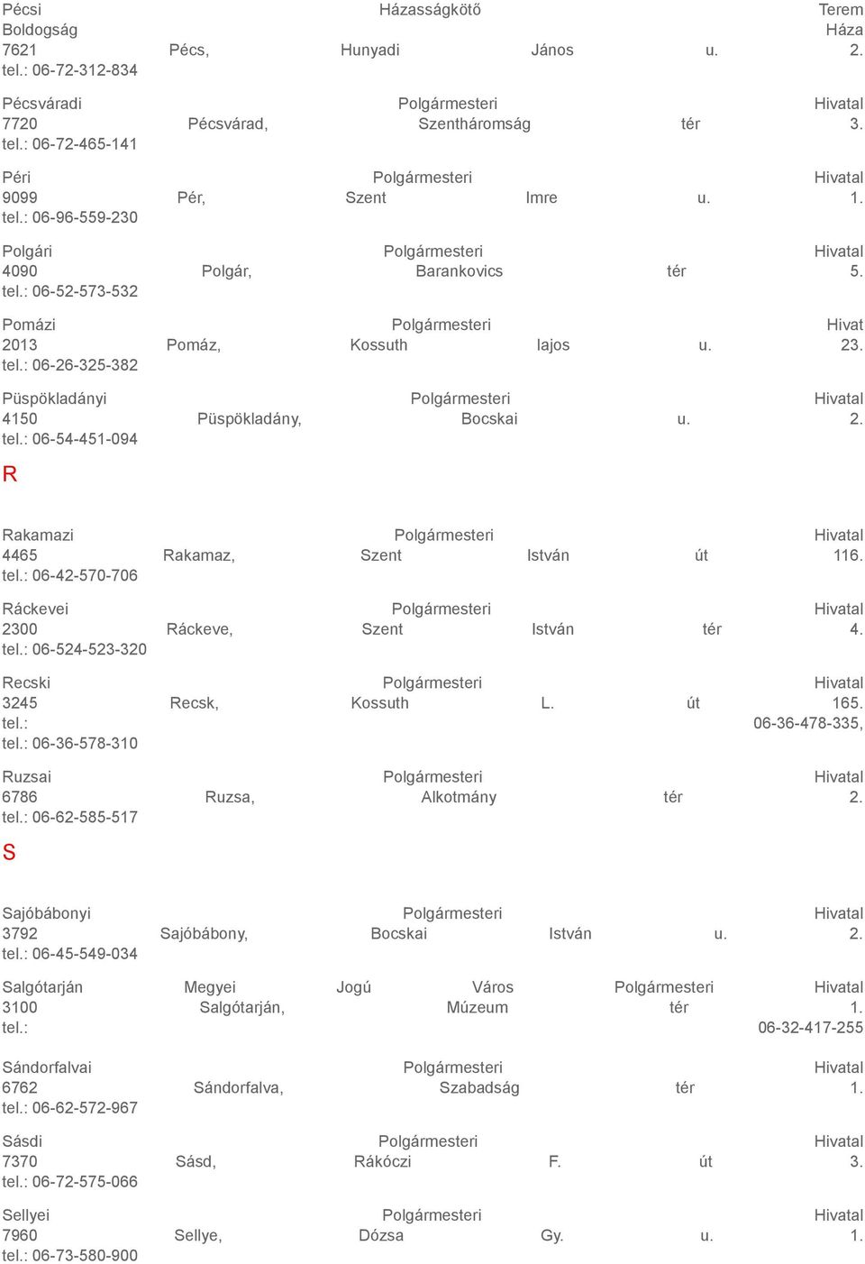 2. tel.: 06-54-451-094 R Rakamazi Polgármesteri Hivatal 4465 Rakamaz, Szent István út 116. tel.: 06-42-570-706 Ráckevei Polgármesteri Hivatal 2300 Ráckeve, Szent István tér 4. tel.: 06-524-523-320 Recski Polgármesteri Hivatal 3245 Recsk, Kossuth L.