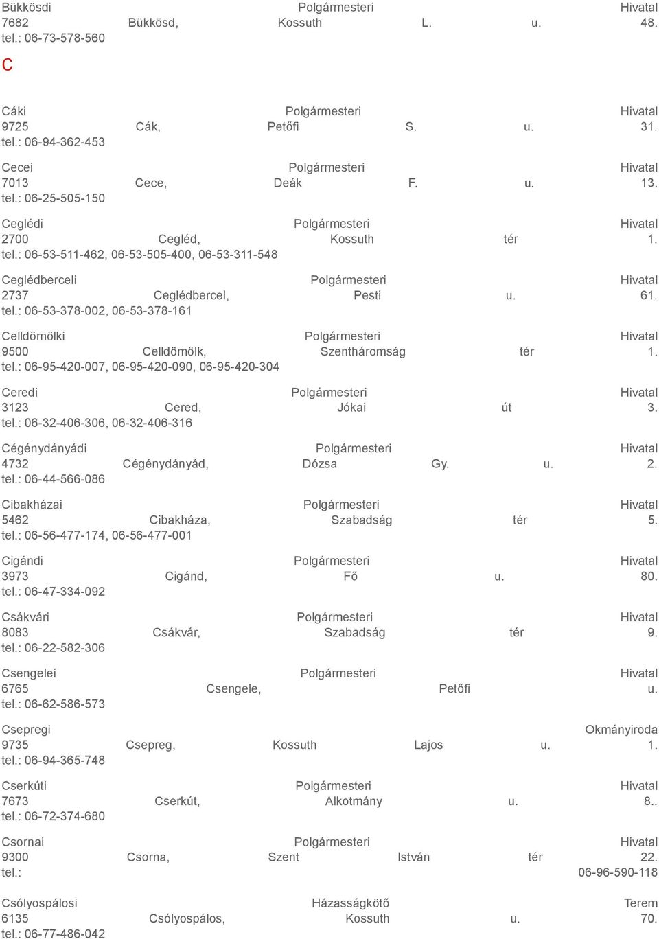 61. tel.: 06-53-378-002, 06-53-378-161 Celldömölki Polgármesteri Hivatal 9500 Celldömölk, Szentháromság tér 1. tel.: 06-95-420-007, 06-95-420-090, 06-95-420-304 Ceredi Polgármesteri Hivatal 3123 Cered, Jókai út 3.