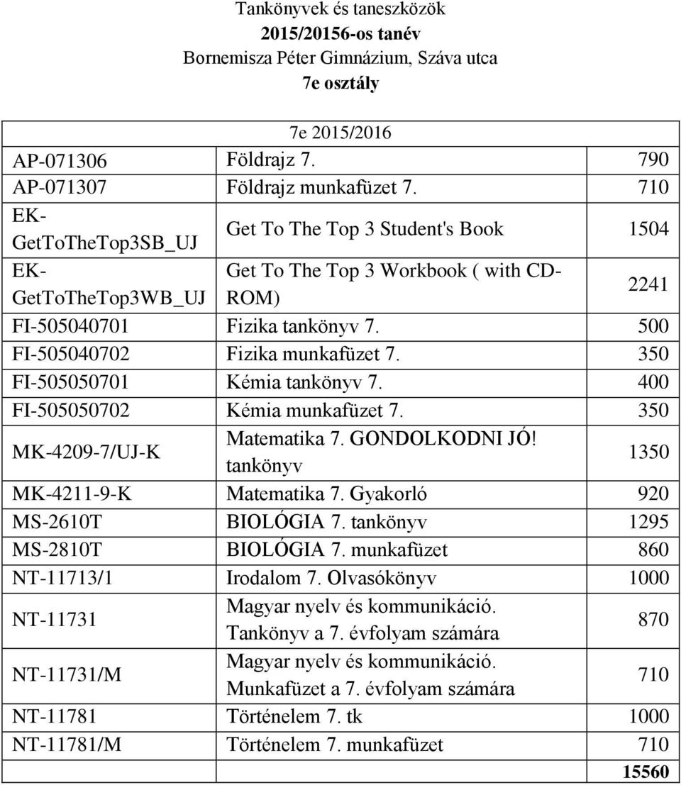 500 FI-505040702 Fizika munkafüzet 7. 350 FI-505050701 Kémia tankönyv 7. 400 FI-505050702 Kémia munkafüzet 7. 350 MK-4209-7/UJ-K Matematika 7. GONDOLKODNI JÓ! tankönyv 1350 MK-4211-9-K Matematika 7.
