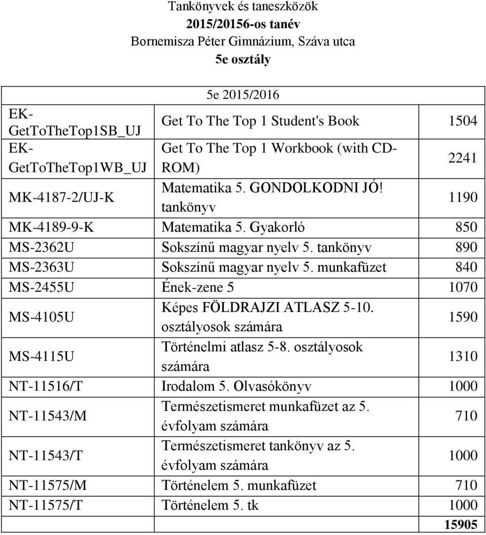 tankönyv 890 MS-2363U Sokszínű magyar nyelv 5. munkafüzet 840 MS-2455U Ének-zene 5 1070 MS-4105U Képes FÖLDRAJZI ATLASZ 5-10. osztályosok számára 1590 MS-4115U Történelmi atlasz 5-8.