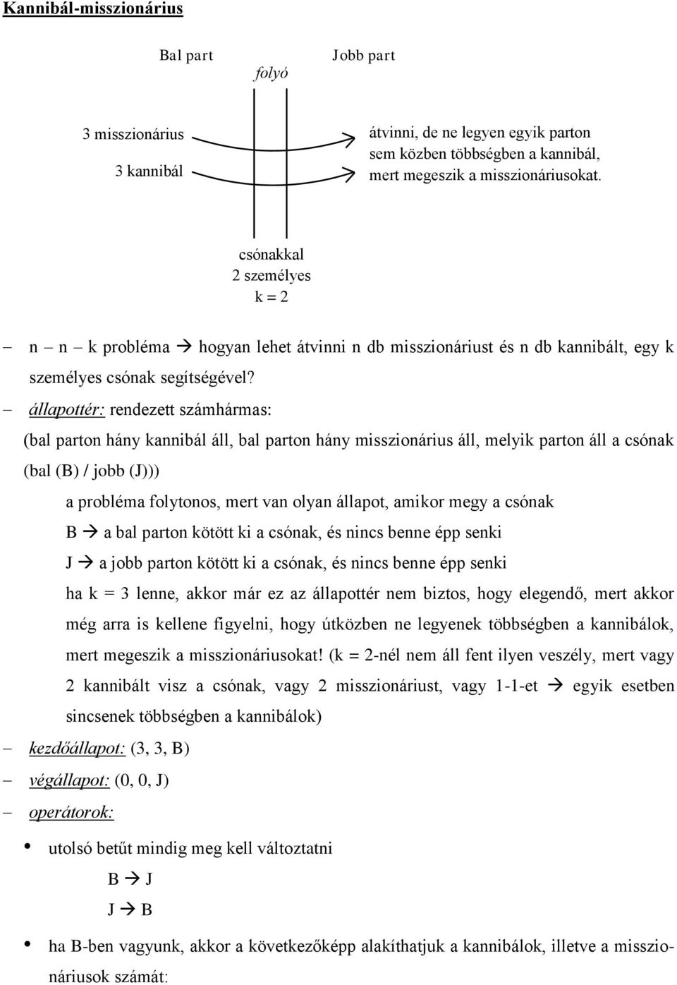 állapottér: rendezett számhármas: (bal parton hány kannibál áll, bal parton hány misszionárius áll, melyik parton áll a csónak (bal (B) / jobb (J))) a probléma folytonos, mert van olyan állapot,