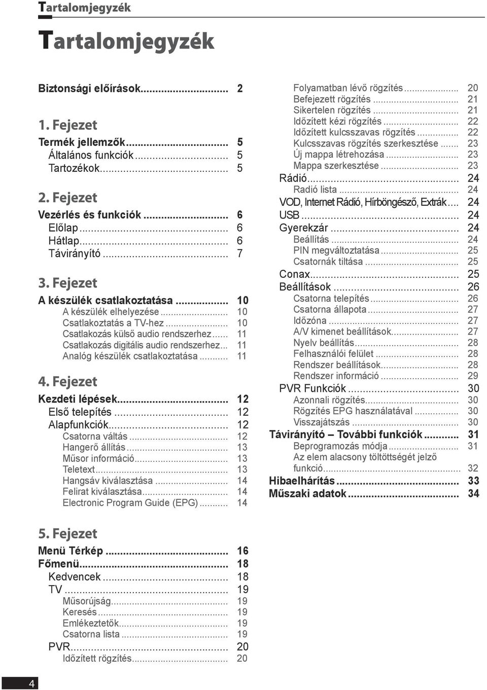 .. 11 Csatlakozás digitális audio rendszerhez... 11 Analóg készülék csatlakoztatása... 11 4. Fejezet Kezdeti lépések... 12 Első telepítés... 12 Alapfunkciók... 12 Csatorna váltás... 12 Hangerő állítás.