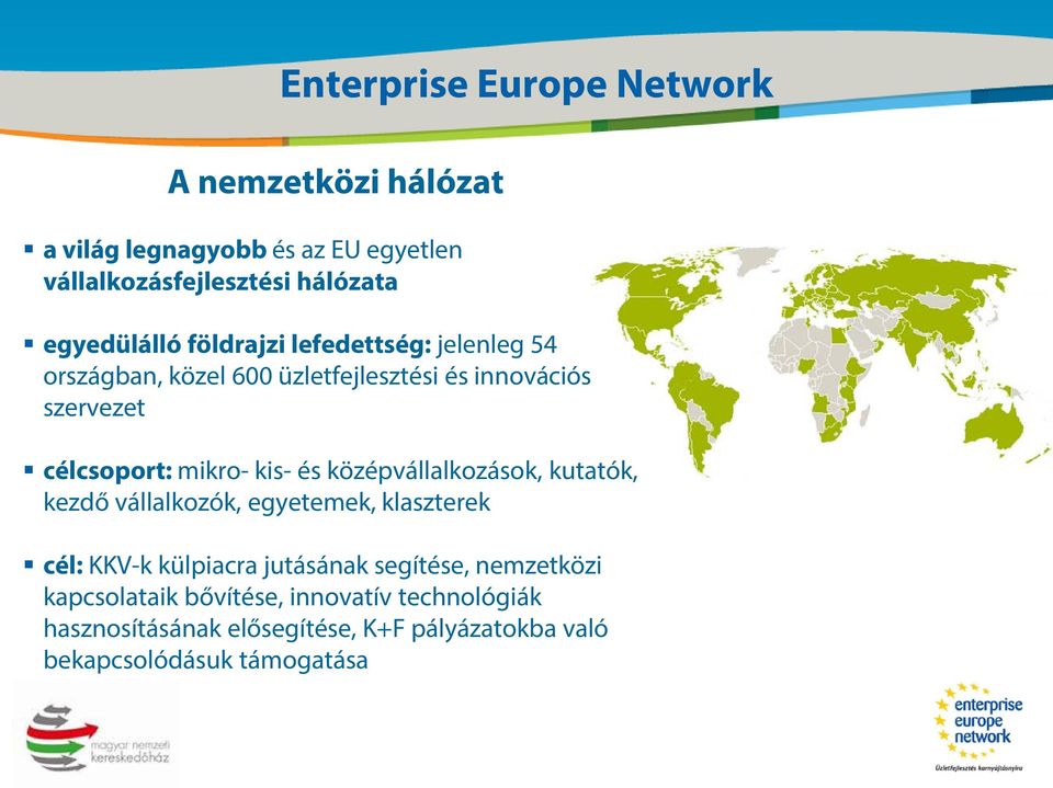 mikro- kis- és középvállalkozások, kutatók, kezdő vállalkozók, egyetemek, klaszterek cél: KKV-k külpiacra jutásának