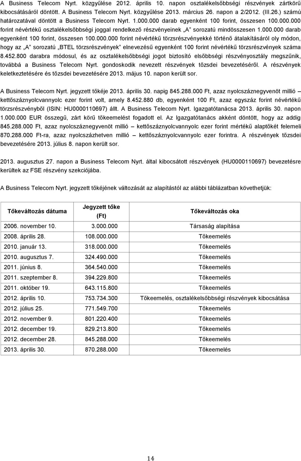 000.000 darab egyenként 100 forint, összesen 100.000.000 forint névértékű törzsrészvényekké történő átalakításáról oly módon, hogy az A sorozatú BTEL törzsrészvények elnevezésű egyenként 100 forint névértékű törzsrészvények száma 8.