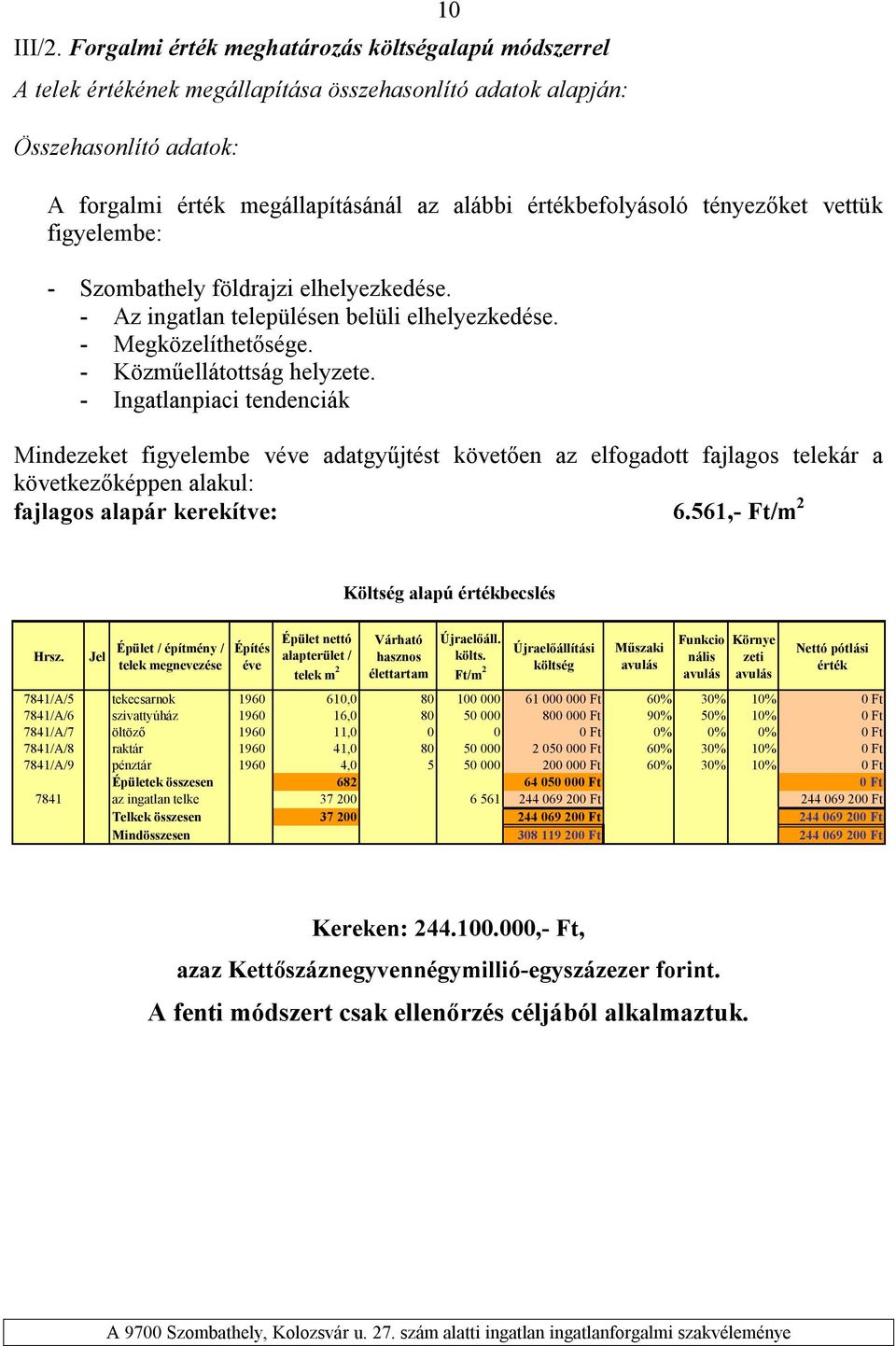 tényezőket vettük figyelembe: - Szombathely földrajzi elhelyezkedése. - Az ingatlan településen belüli elhelyezkedése. - Megközelíthetősége. - Közműellátottság helyzete.