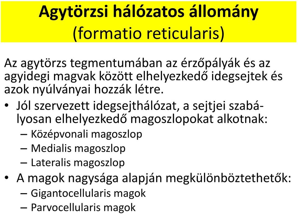 Jól szervezett idegsejthálózat, a sejtjei szabályosan elhelyezkedő magoszlopokat alkotnak: Középvonali