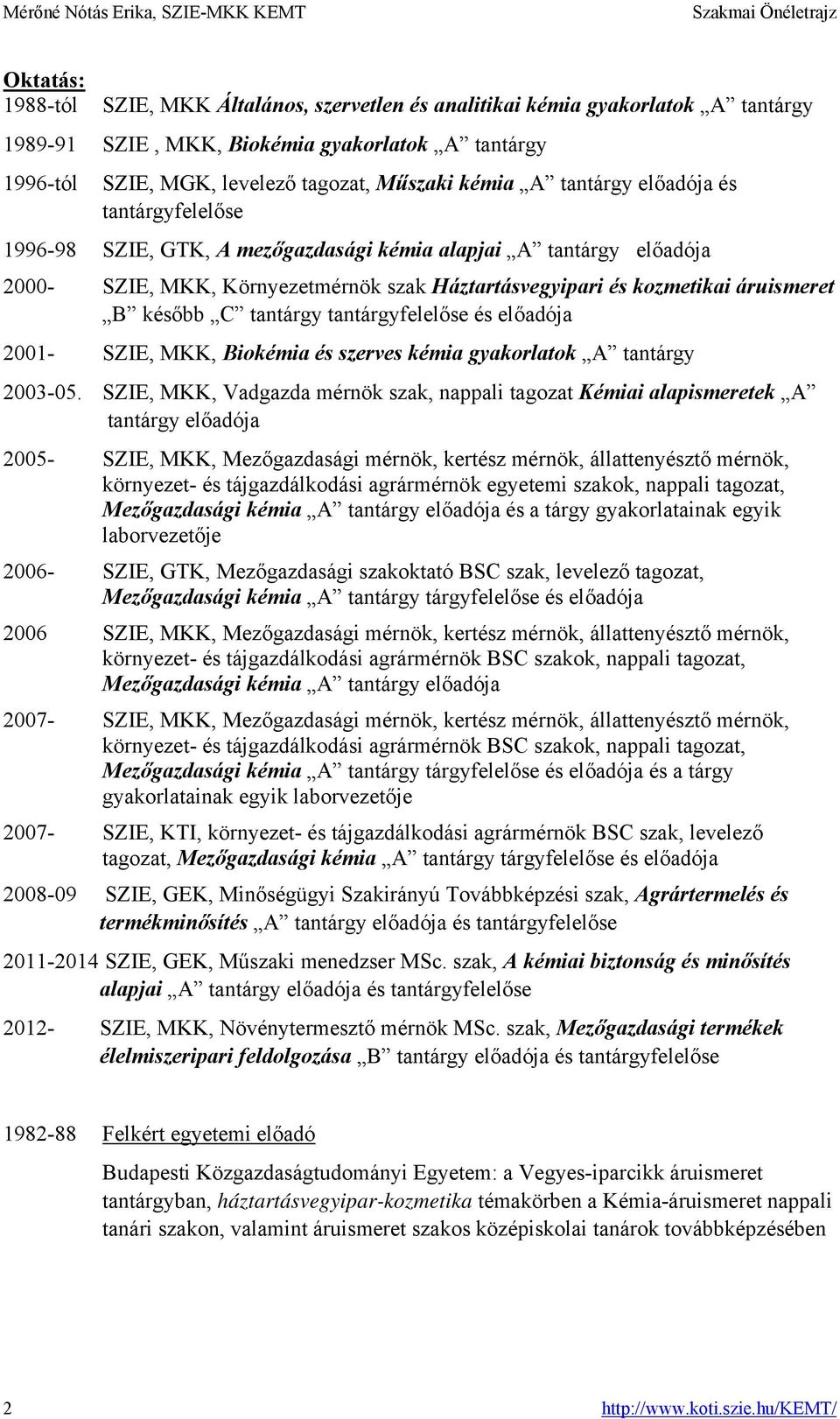 kozmetikai áruismeret B később C tantárgy tantárgyfelelőse és előadója 2001- SZIE, MKK, Biokémia és szerves kémia gyakorlatok A tantárgy 2003-05.