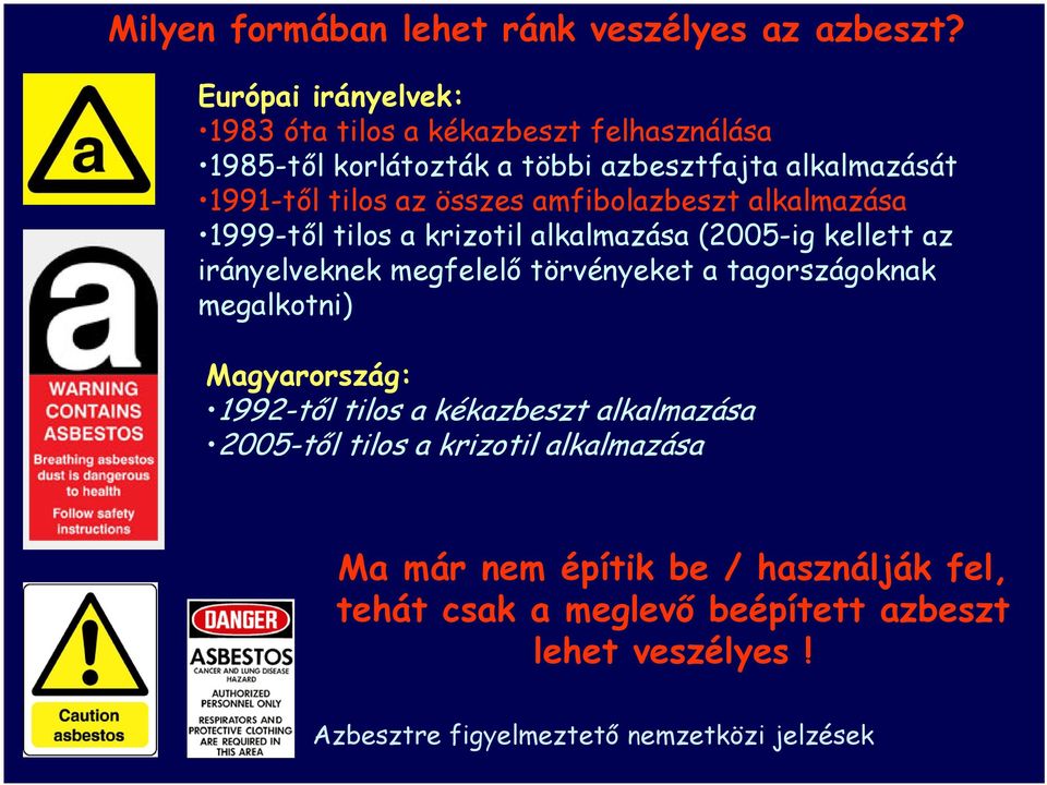 amfibolazbeszt alkalmazása 1999-től tilos a krizotil alkalmazása (2005-ig kellett az irányelveknek megfelelő törvényeket a tagországoknak