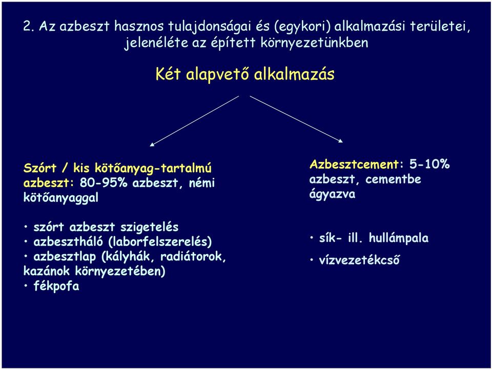 kötőanyaggal szórt azbeszt szigetelés azbesztháló (laborfelszerelés) azbesztlap (kályhák, radiátorok,
