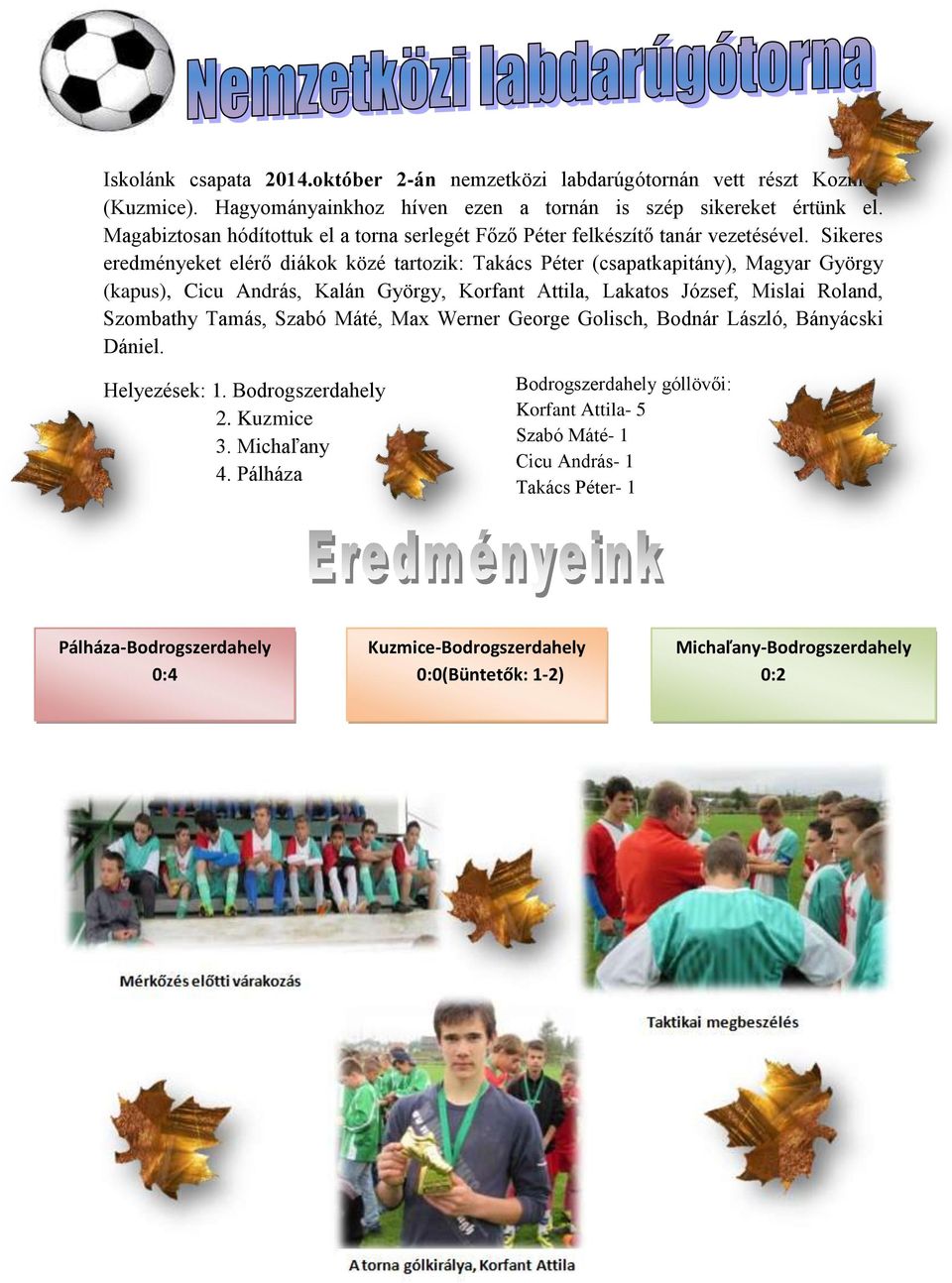 Sikeres eredményeket elérő diákok közé tartozik: Takács Péter (csapatkapitány), Magyar György (kapus), Cicu András, Kalán György, Korfant Attila, Lakatos József, Mislai Roland, Szombathy