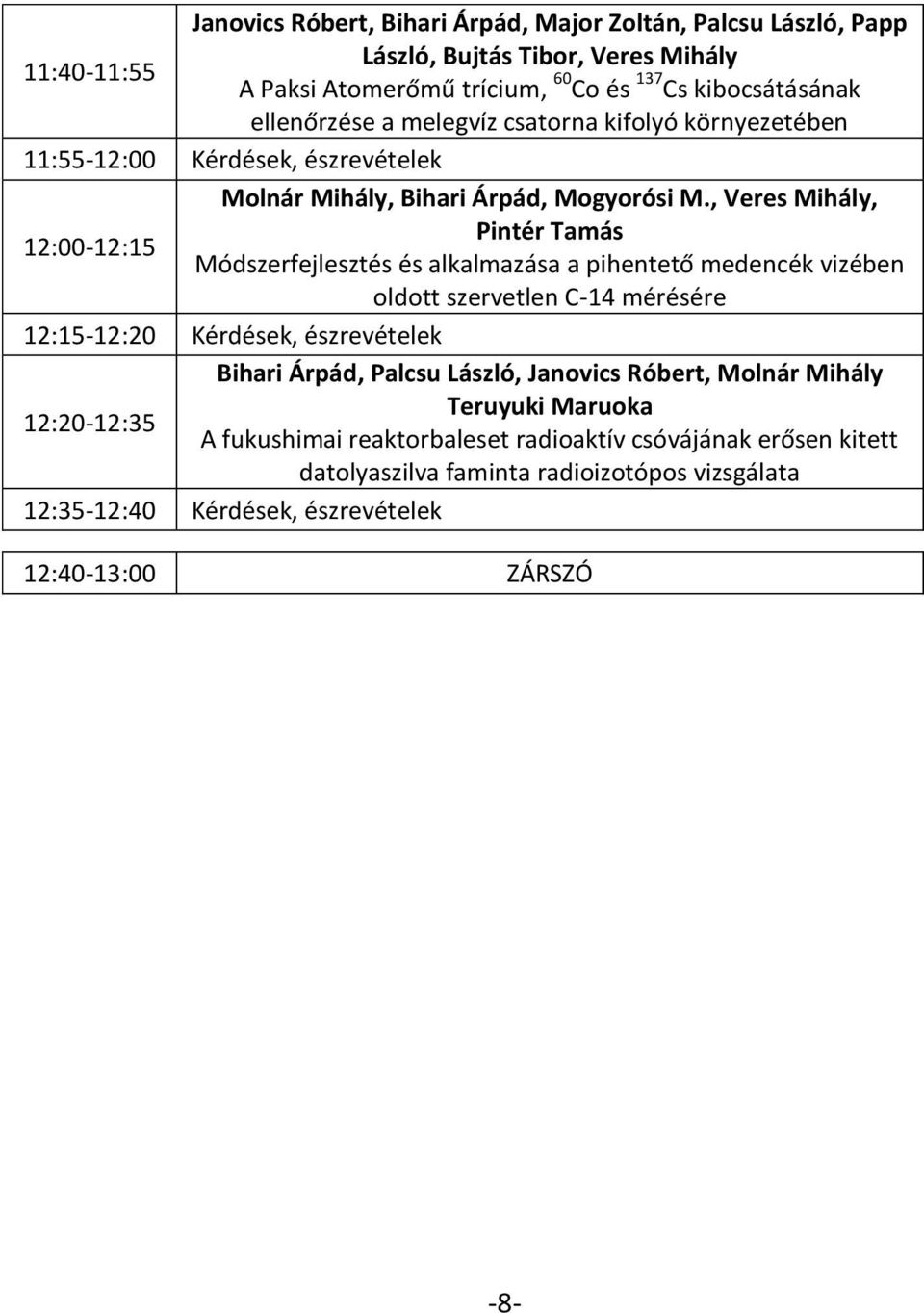 , Veres Mihály, Pintér Tamás 12:00-12:15 Módszerfejlesztés és alkalmazása a pihentető medencék vizében oldott szervetlen C-14 mérésére 12:15-12:20 Kérdések, észrevételek Bihari