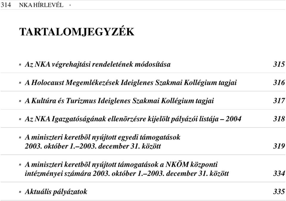 pályázói listája 2004 318 n A miniszteri keretbõl nyújtott egyedi támogatások 2003. október 1. 2003. december 31.