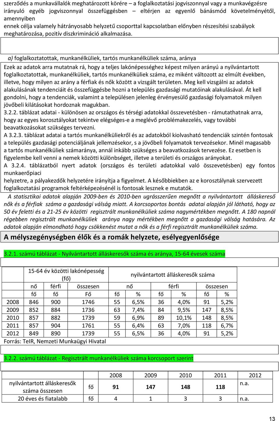 a) foglalkoztatottak, munkanélküliek, tartós munkanélküliek száma, aránya Ezek az adatok arra mutatnak rá, hogy a teljes lakónépességhez képest milyen arányú a nyilvántartott foglalkoztatottak,