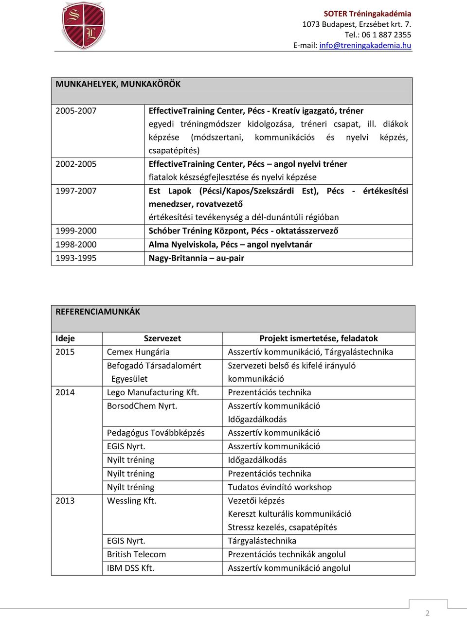 Lapok (Pécsi/Kapos/Szekszárdi Est), Pécs - értékesítési menedzser, rovatvezető értékesítési tevékenység a dél-dunántúli régióban 1999-2000 Schóber Tréning Központ, Pécs - oktatásszervező 1998-2000