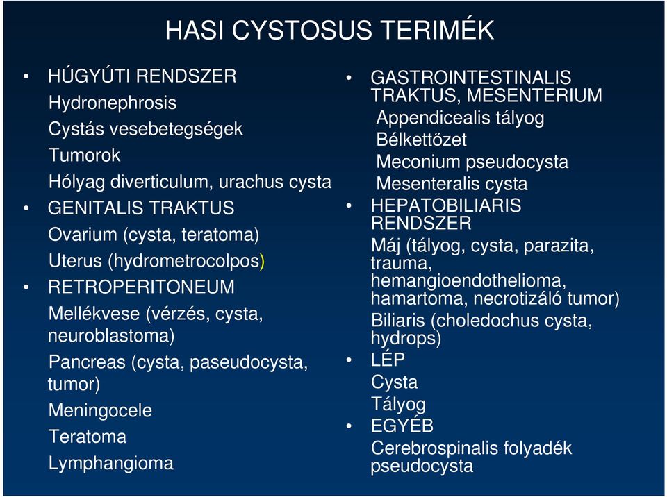 Lymphangioma GASTROINTESTINALIS TRAKTUS, MESENTERIUM Appendicealis tályog Bélkettızet Meconium pseudocysta Mesenteralis cysta HEPATOBILIARIS RENDSZER Máj