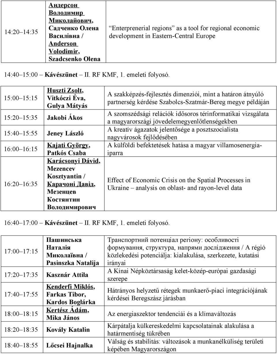 15:00 15:15 Huszti Zsolt, Vitkóczi Éva, Gulya Mátyás 15:20 15:35 Jakobi Ákos 15:40 15:55 Jeney László 16:00 16:15 16:20 16:35 Kajati György, Patkós Csaba Karácsonyi Dávid, Mezencev Kosztyantin /