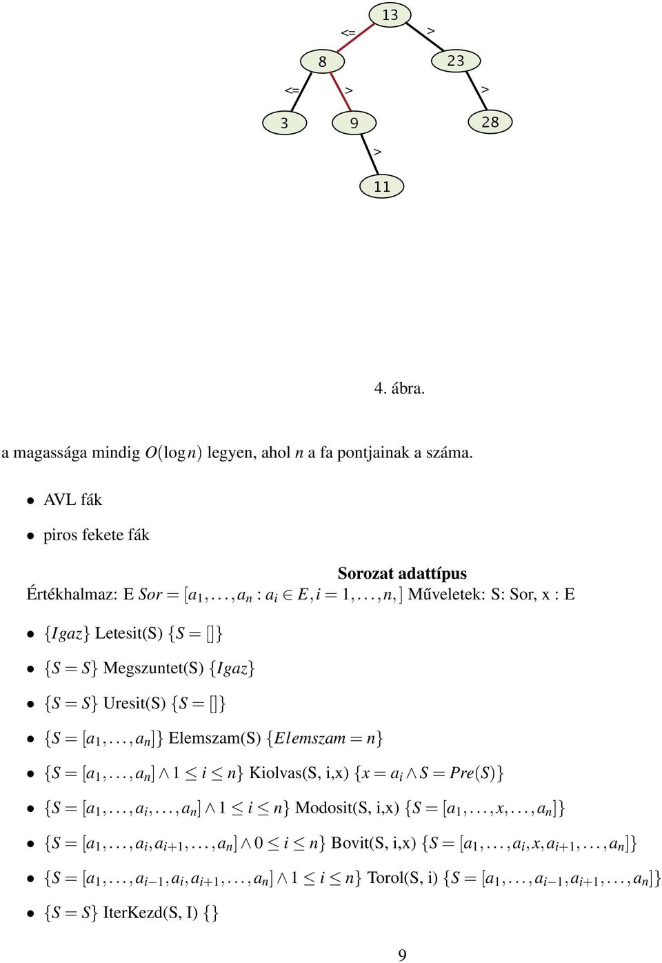 ..,a n ]} Elemszam(S) {Elemszam = n} {S = [a 1,...,a n ] 1 i n} Kiolvas(S, i,x) {x = a i S = Pre(S)} {S = [a 1,...,a i,...,a n ] 1 i n} Modosit(S, i,x) {S = [a 1,...,x,.