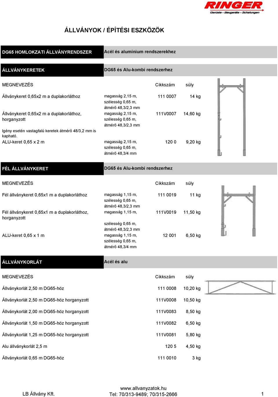 ALU-keret 0,65 x 2 m magasság 2,15 m, átmérő 48,3/4 mm 111 0007 111V0007 120 0 14 kg 14,60 kg 9,20 kg FÉL ÁLLVÁNYKERET DG65 és Alu-kombi rendszerhez Fél állványkeret 0,65x1 m a duplakorláthoz