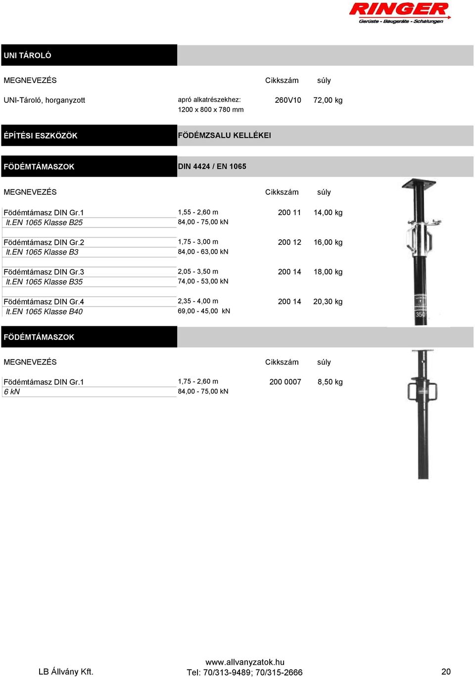 en 1065 Klasse B3 1,75-3,00 m 84,00-63,00 kn 200 12 16,00 kg Födémtámasz DIN Gr.3 lt.