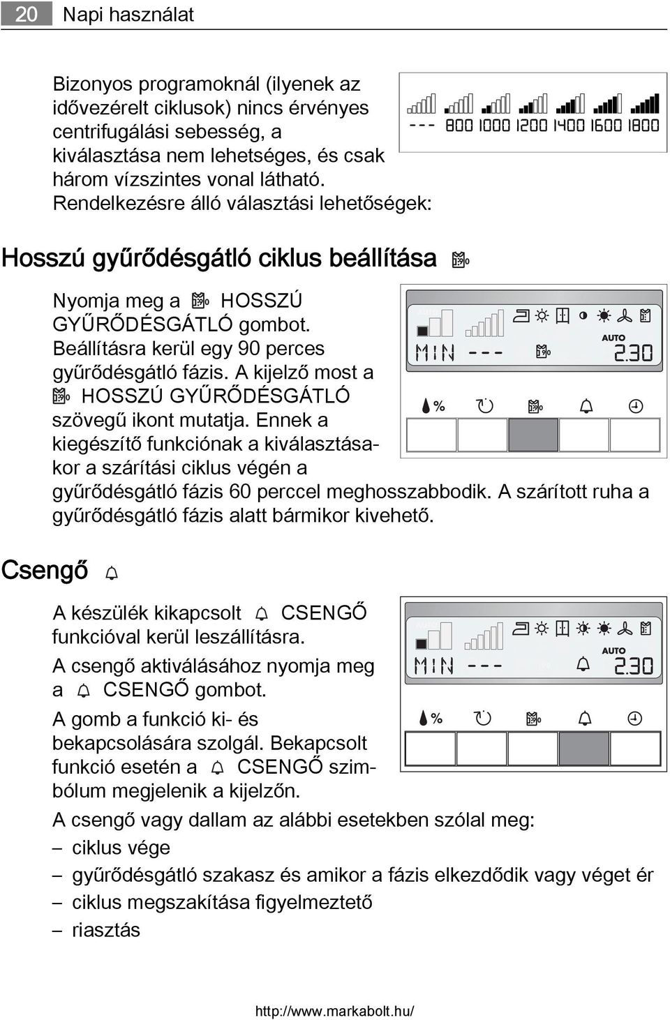 A kijelző most a HOSSZÚ GYŰRŐDÉSGÁTLÓ szövegű ikont mutatja. Ennek a kiegészítő funkciónak a kiválasztásakor a szárítási ciklus végén a gyűrődésgátló fázis 60 perccel meghosszabbodik.