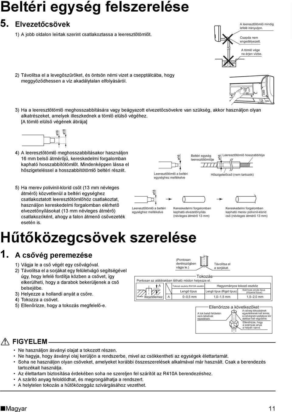 3) Ha a leeresztőtömlő meghosszabbítására vagy beágyazott elvezetőcsövekre van szükség, akkor használjon olyan alkatrészeket, amelyek illeszkednek a tömlő elülső végéhez.