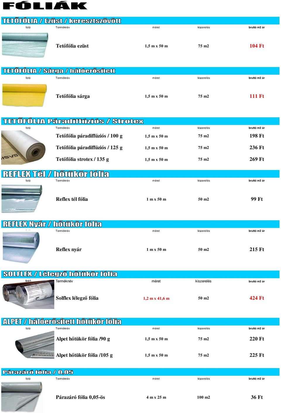 fólia 1 m x 50 m 50 m2 99 Ft Reflex nyár 1 m x 50 m 50 m2 215 Ft Solflex lélegzı fólia 1,2 m x 41,6 m 50 m2 424 Ft Alpet hıtükör